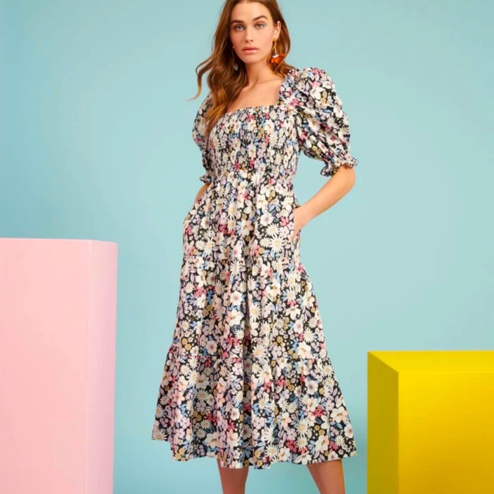RACHEL PARCELL Tiered Retro Floral Midi Dress